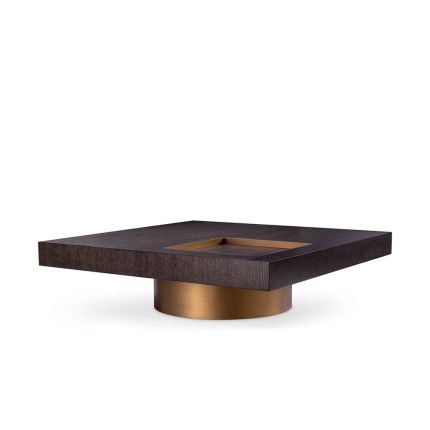 A luxury square coffee table by Eichholtz with a brass or bronze finish 