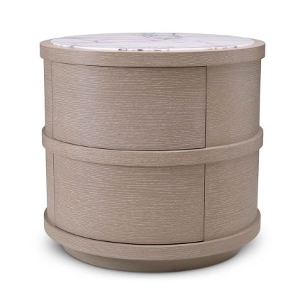 Round washed oak bedside table with marble top