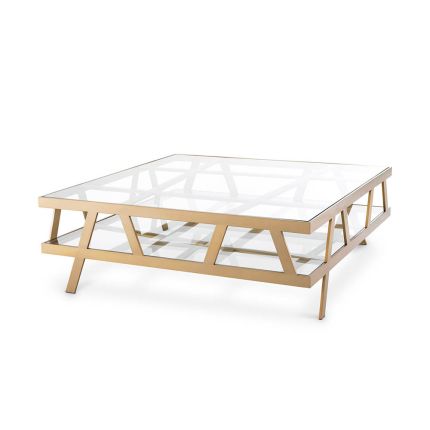 Square coffee table with geometric brass legs and glass top