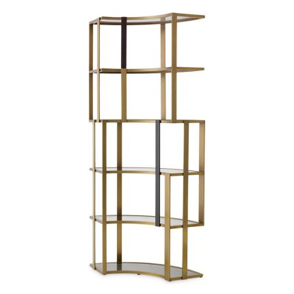 Contemporary corner cabinet with shelves finished in brushed brass