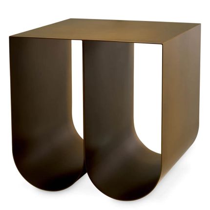 Modern side table with two curved legs finished in brushed brass