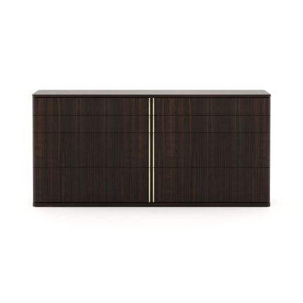 A luxurious smoked eucalyptus chest of drawers with metal accents and 8 drawers