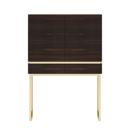 A chic, contemporary bar cabinet with retro undertones and golden accents 