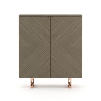 A luxurious greyed oak drinks bar with interior shelving and drawers