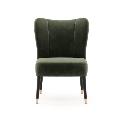 A luxurious contemporary armchair with retro undertones. Pictured in Forest.