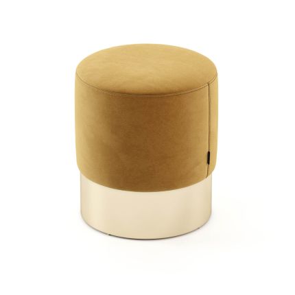 Mustard yellow velvet pouffe with gold painted stainless steel base