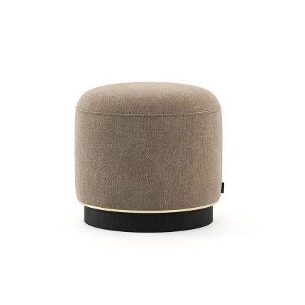 Warm grey, brown upholstered pouffe with dark wooden base and metallic border. Pictured in Xangai Taupe (Linen).