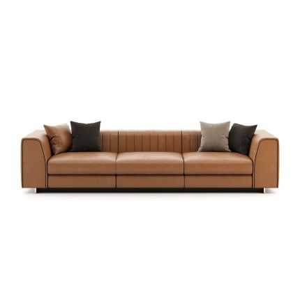 Leather 3 seater sofa with wide arms and golden detailing. Pictured in Seoul Camel.