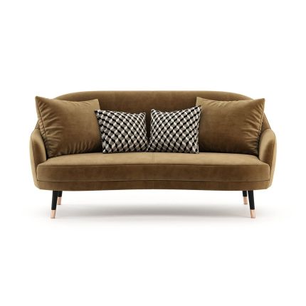 Retro style velvet sofa with wooden legs and copper tips. Pictured in Vienna Teja.