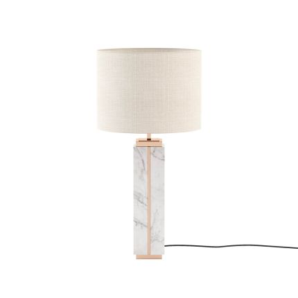 White marble table lamp with copper finish and cream shade