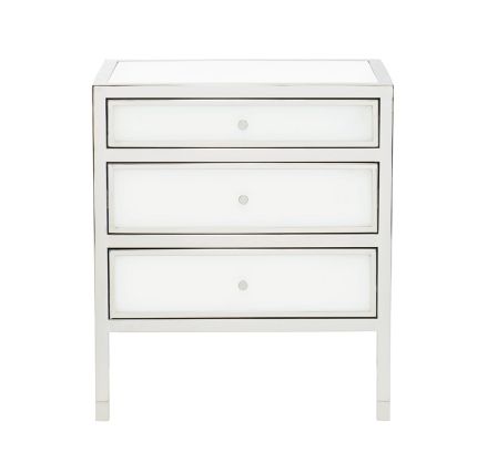 A glamourous three drawer bedside table by Bernhardt with a snow glass and silver nickel finish