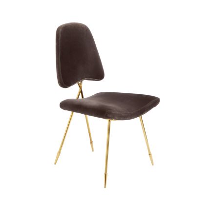 luxurious dining chair with charcoal, velvet upholstery and polished brass frame