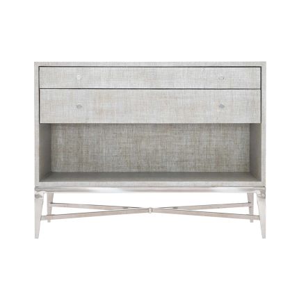 A contemporary bedside table with Raffia upholstery.