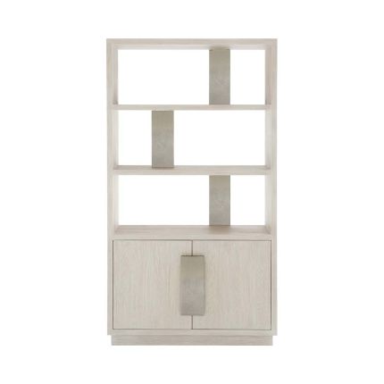 Two-toned display cabinet with irregular panelling.