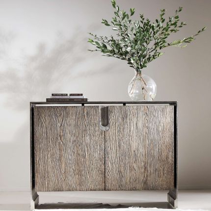 A beautiful two drawer chest from Bernhardt featuring a white oak veneer inner case and an aluminium outer case with a nickel finish