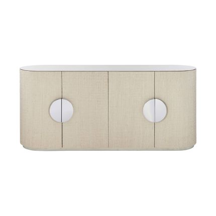 A stunning bleached raffia sideboard with four doors, interior shelving, a white oak veneer interior, polished stainless steel top and plinth base