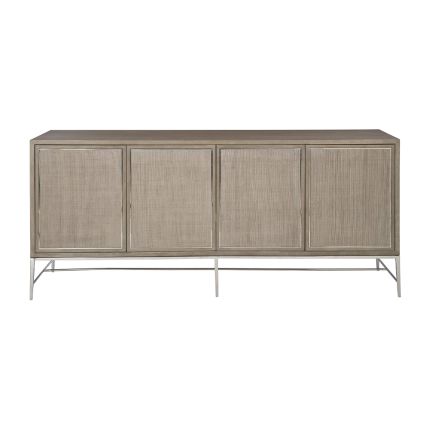 A gorgeous entertainment unit with four raffia panelled doors and finished with a polished stainless steel base and overlay 
