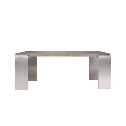 Wooden dining table with contrasting steel legs