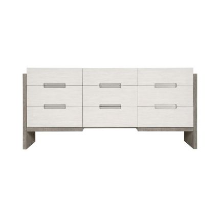 A sophisticated dresser from Bernhardt with a two toned white and grey finish, brushed stainless steel handles and nine soft closing drawers