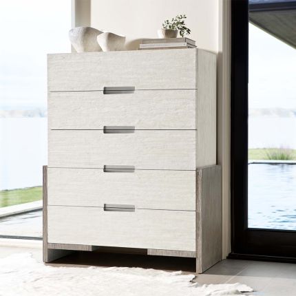 A luxurious tall drawer chest from Bernhardt with a lovely two tone finish, brushed stainless steel handles and five soft closing drawers