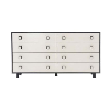 An abstract chest of eight drawers with black graphic details and square handles