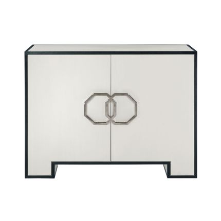 A sophisticated and spacious cabinet from Bernhardt with a two-tone finish, soft closing doors and adjustable shelves