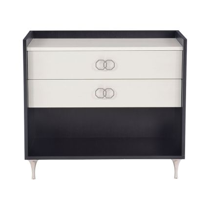 A sleek two drawer bedside table from Bernhardt with a two-tone finish, stainless steel legs and USB charging ports 
