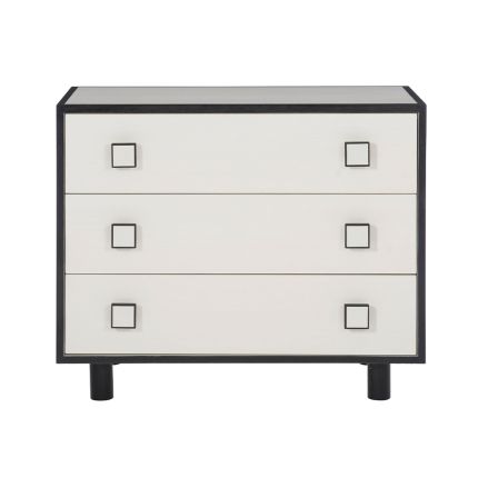 A beautiful beside table by Bernhardt featuring a two tone finish, three soft closing doors with sleek wooden knobs and dual USB charger