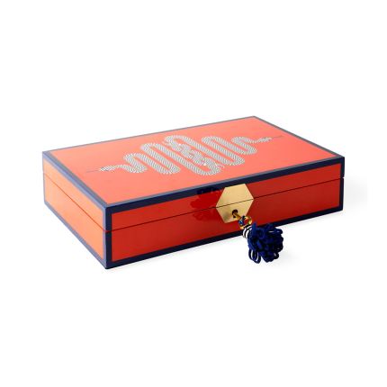 Dazzling orange jewellery box with snake design and blue velvet interior