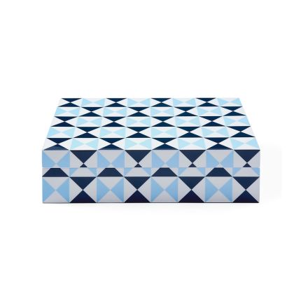 A stylish blue, black and white graphic bowtie box