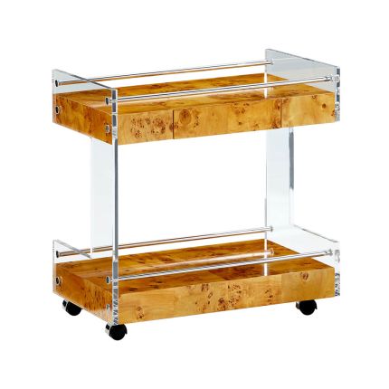 Enchanting honey-coloured wood drinks trolley with clear frame