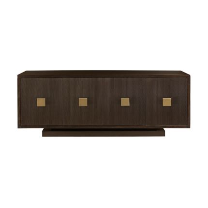 A classic dark brown textured 4 door buffet with brass square handles