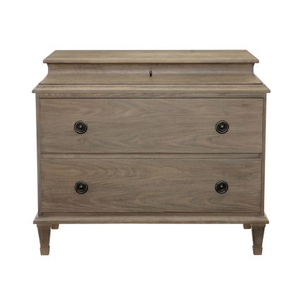 A beautiful, natural bedside table crafted from a weathered white oak veneer and featuring two large spacious drawer