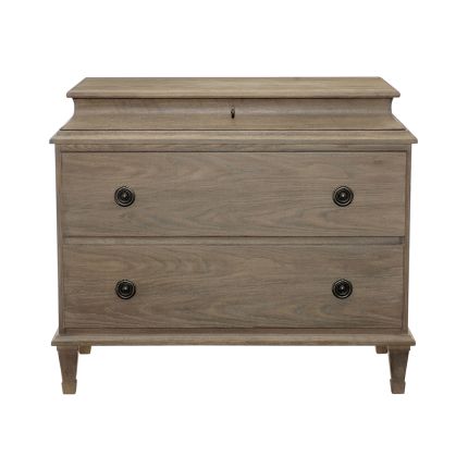 A beautiful, natural bedside table crafted from a weathered white oak veneer and featuring two large spacious drawer