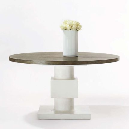 circular and abstract dining table with contrasting top and base