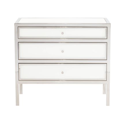 A glamorous bedside table with three spacious drawers from Bernhardt with a beautiful snow glass and nickel finish