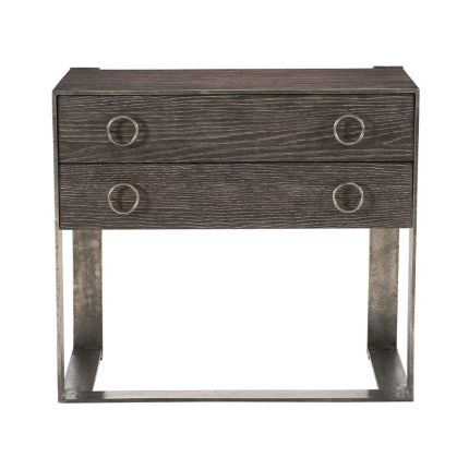An industrial inspired bedside table with two drawers.