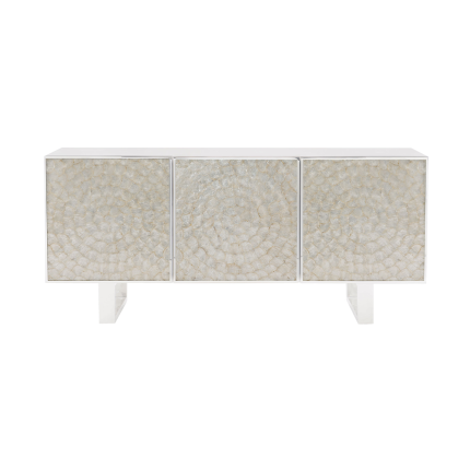 A three door media unit with a shell overlay top.