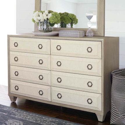 Upholstered, contrasting dresser with 8 drawers