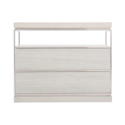 A beautiful, white marble topped bedside table with a shelf and two drawers.