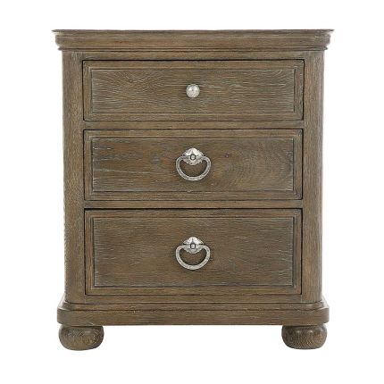 rustic, dark bedside table.