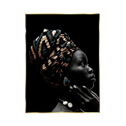 gold framed glass wall art piece of an African woman