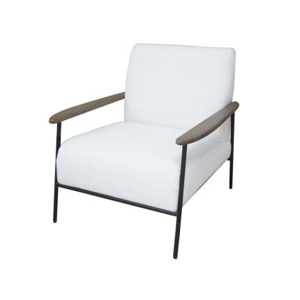 Pale grey armchair with wooden arms and steel black frame