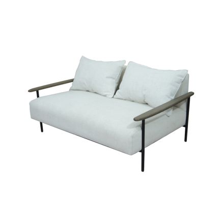 Cream, pale grey upholstered, industrial style 2 seater sofa with black wooden arms and steel frame