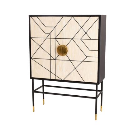 Glamorous cream and black bone inlay bar cabinet with golden accents