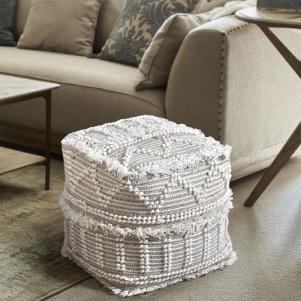 Chic bohemian natural and ivory wool pouffe with a pitloom finish