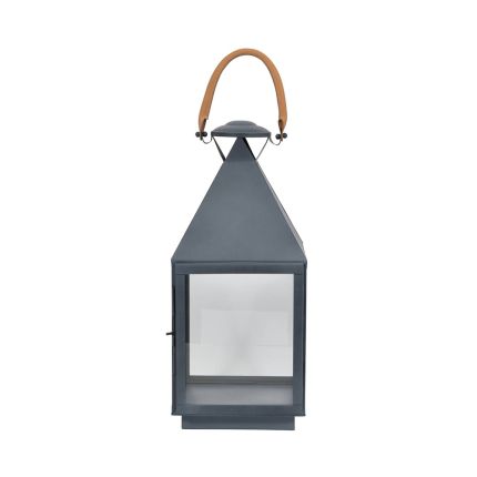 A beautiful, square shaped lantern with a powder-coated grey finish and woven rustic handle