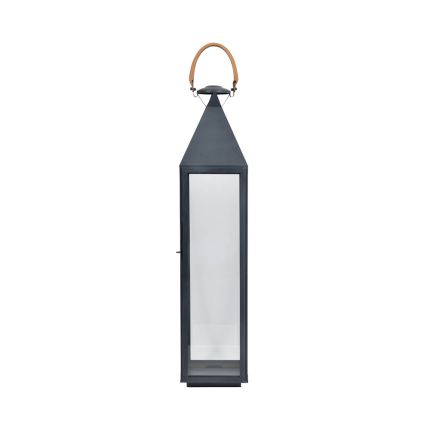 A modern take on a traditional lantern with a grey, powder-coated finish and a woven rustic handle