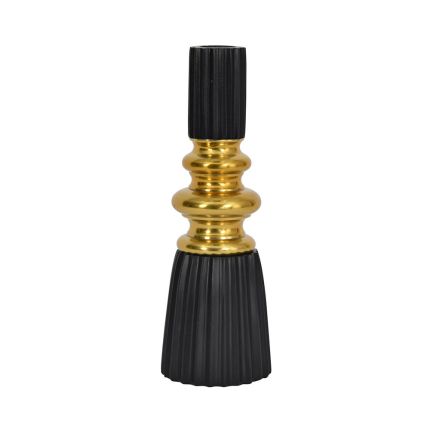 Stylish candle holder with textured black finish and gold band.