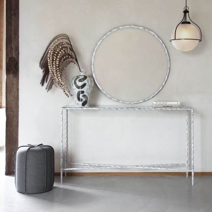 Enchanting minimalist console table with white textured frame and glass top